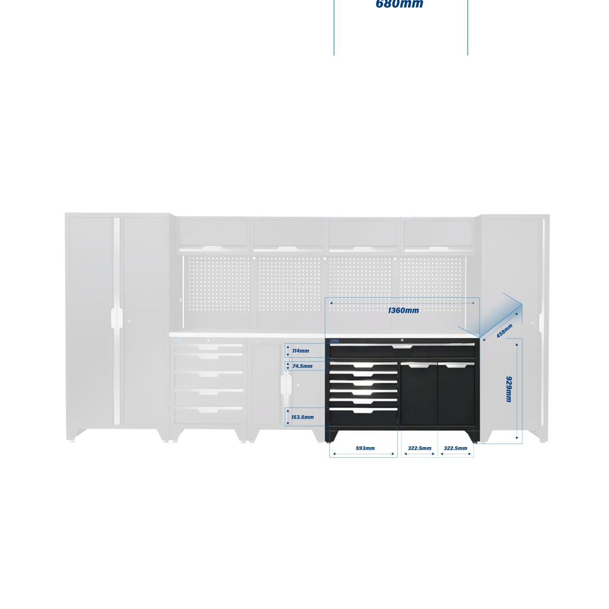 SGS 14pc Modular Garage Storage | 12 Drawers | Stainless Steel Worktop | Floor Cabinet | Tall Single & Double Cabinets